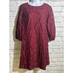 Lauren Ralph Lauren Floral Lace Shift Dress 3/4 Sleeve Lined Burgundy 16 Womens